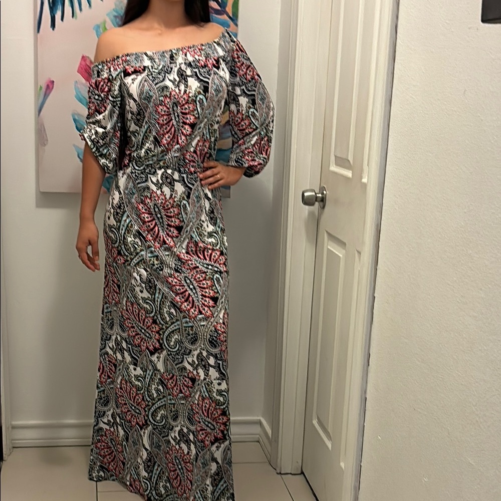New York & Company One Shoulder Paisley Dress - Red and Black